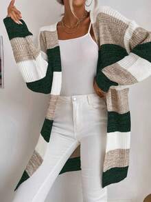 SHEIN Essnce Cárdigan largo de color combinado con parte delantera abierta de manga murciélago - Verde - Ver 4