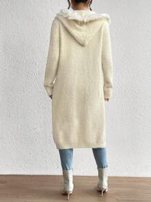 SHEIN Privé Thả vai Trang trí Fuzzy Kiểu Dài áo có mũ Áo len Mở - Màu be - Xem 2