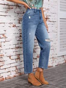 SHEIN LUNE Ripped Mom Fit Jeans - Blue - View 3