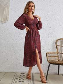 SHEIN VCAY Floral Print Lantern Sleeve Ruffle Hem Dress - Red - View 4