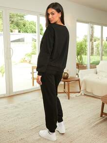 SHEIN 孕婦落肩套頭衫和可調節腰部運動褲套裝 - 黑色 - 查看 2