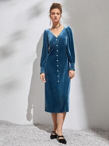 Button Decor Velvet Fitted Dress Fall Cloth For Women - Blue - View 7