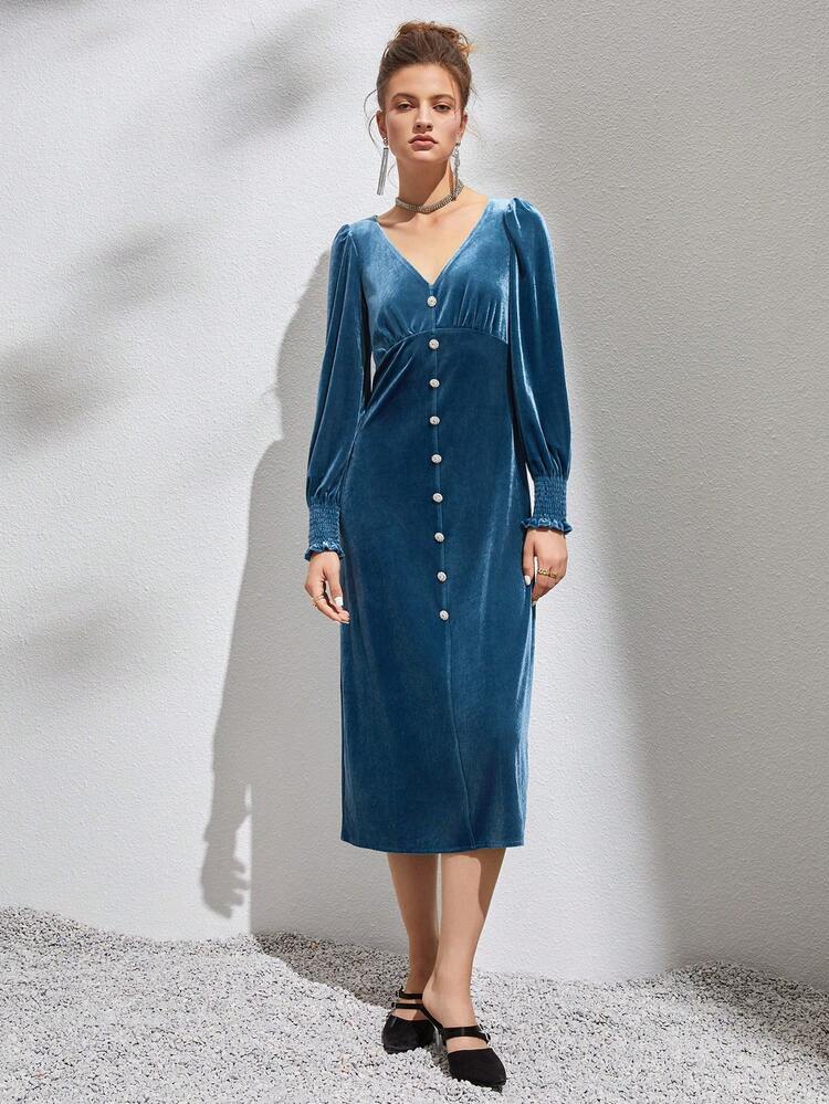 Button Decor Velvet Fitted Dress Fall Cloth For Women