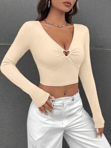 SHEIN EZwear Camiseta crop tejido de canalé aro de corazón - Albaricoque - Ver 6