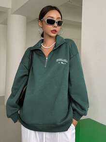 DAZY Letter Embroidery Zipper Front Drop Shoulder Sweatshirt,Fall Women Clothes - Dark Green - View 4