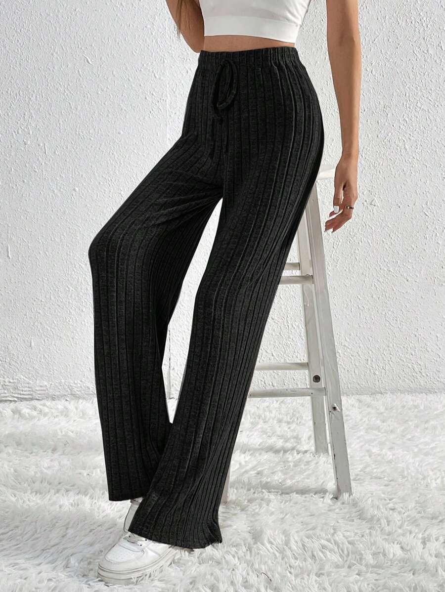 SHEIN Tall 腰部打結條紋針織長褲 - 黑色 - 查看 1