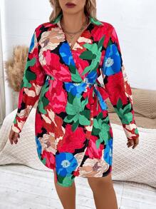 Celure Plus Floral Print Knot Side Wrap Dress