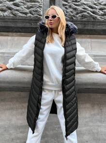 SHEIN Cottnline Túi xéo Trang trí Fuzzy áo có mũ Áo gi lê Lông vũ - màu đen - Xem 6