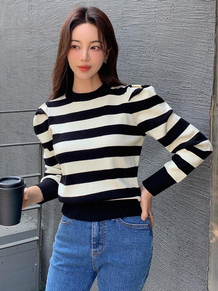 Striped Pattern Gigot Sleeve Sweater,Long Sleeve Tops Fall