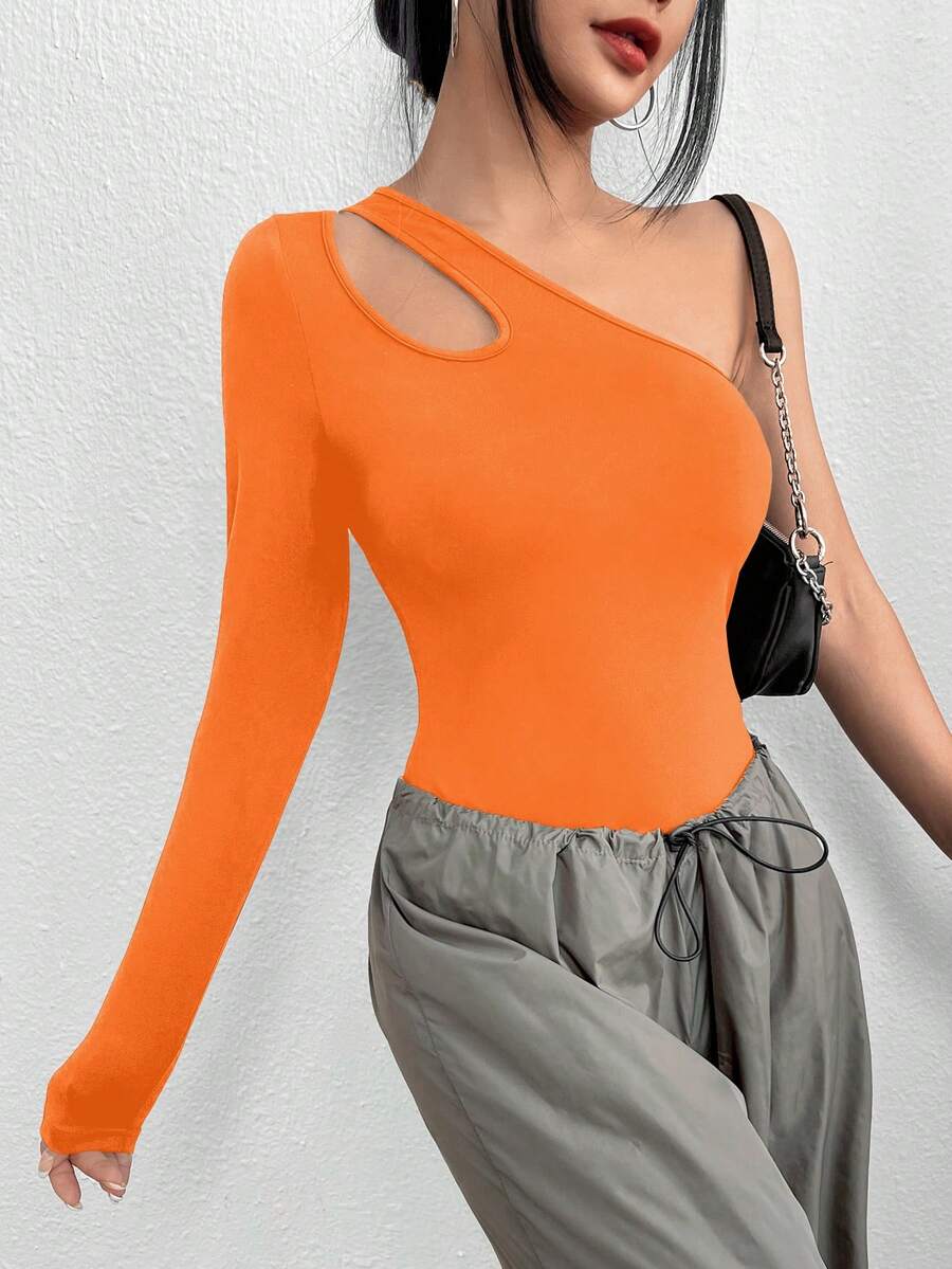 SHEIN BAE 單肩鏤空連身背心 - 橘色 - 查看 1