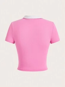 SHEIN EZwear Contrast Collar Crop Tee - Pink - View 2