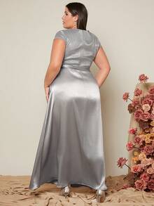 SHEIN Belle Plus Solid Belted Satin Dress - Light Grey - View 3