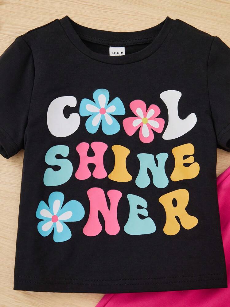 SHEIN Chica Joven Pantalones deportivos con camiseta con estampado floral con letra - Negro - Añade 3