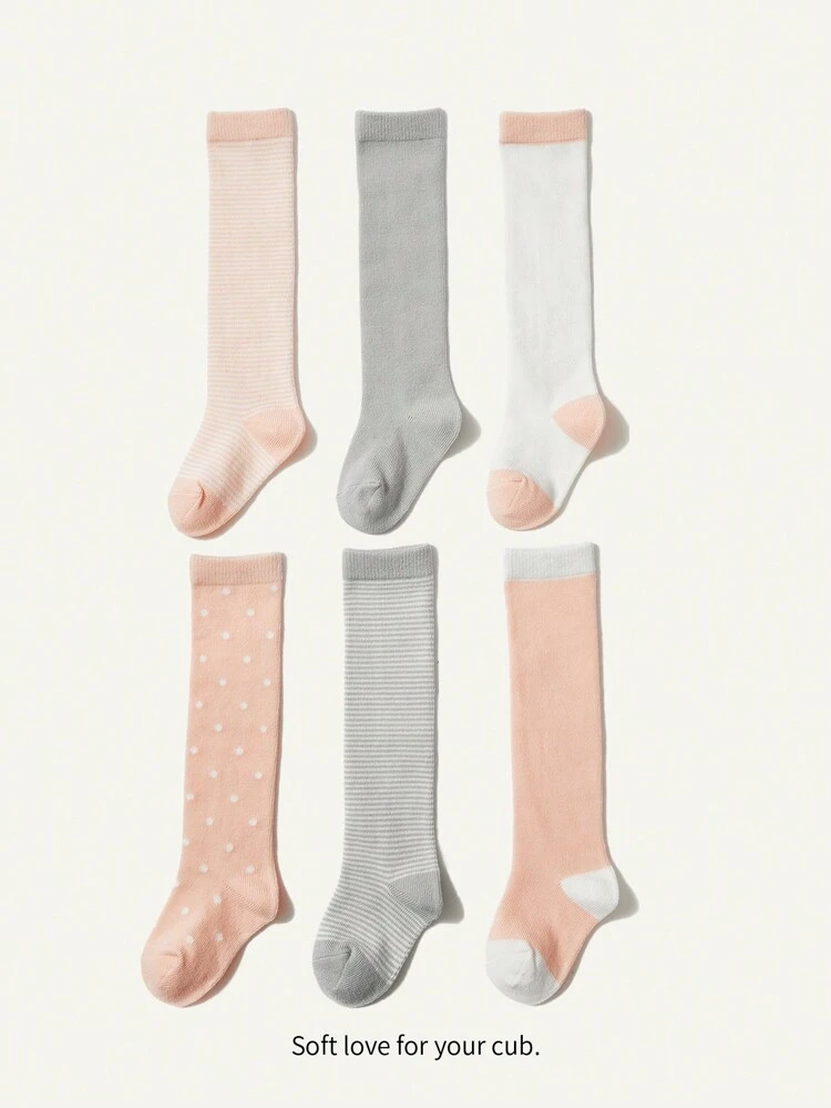 6 Pairs Toddler Mid Calf Tube Socks In Pink Gray