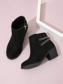 Girls' Rhinestone Strap Side Zipper Ankle Boots With Chunky Heels - Black - View 2