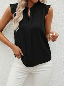 SHEIN Clasi Guipure Lace Panel Notched Neckline Blouse - Black - View 6