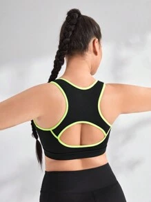 Yoga Basic Plus Contrast Binding Zip Up Sports Bra - Black - View 2