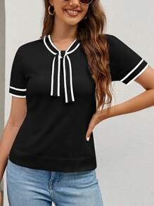 SHEIN Clasi Contrast Binding Tie Neck Knit Top - Black - View 6