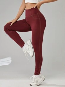 SHEIN EZwear 字母貼布頂針寬腰帶緊身打底褲 - 酒紅色 - 查看 3