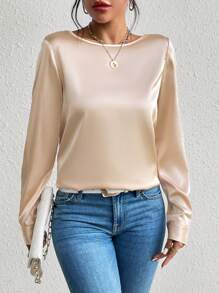 SHEIN Privé 鏈條細節V領襯衫 - 杏色 - 查看 2