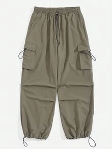 SHEIN EZwear Quần Plus Size Túi Dây kéo màu trơn Giải trí - xanh quân đội - Xem 5