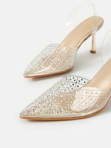 女士透明時尚鑲有水晶鑽石的高跟鞋 - 金色 - 查看 3