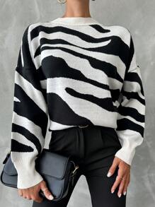 SHEIN Cottnline Plus Size Loose Pattern Print Drop Shoulder Sweater Pullover - White - View 1