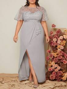 SHEIN Belle Plus Contrast Sequin Mesh Insert Butterfly Sleeve Split Thigh Bridesmaid Dress - Grey - View 1