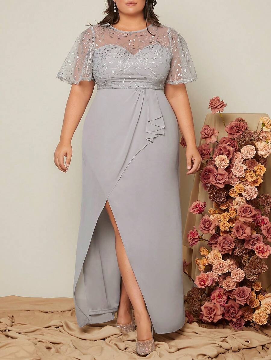 SHEIN Belle Plus Contrast Sequin Mesh Insert Butterfly Sleeve Split Thigh Bridesmaid Dress - Grey - View 1