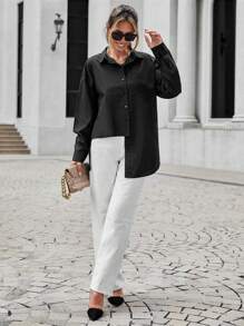 Solid Button Front Pocket Patched Shirt