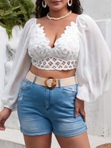 SHEIN VCAY Plus Guipure Lace Insert Lantern Sleeve Crop Blouse - White - View 3