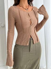 SHEIN EZwear Cắt ra Viền chia cắt Áo phông Crop - Màu Khaki - Xem 4
