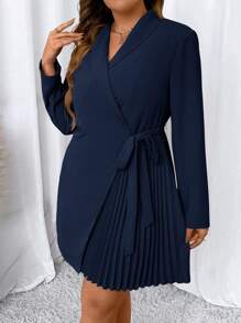 SHEIN Clasi Plus Shawl Collar Pleated Detail Knot Side Wrap Dress - Navy Blue - View 6
