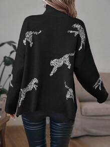 SHEIN LUNE Zebra Pattern Mock Neck Drop Shoulder Split Hem Knit Pullover Fall Winter Sweater - Black - View 2