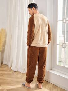 男士熊图案字母刺绣插肩袖上衣和裤子泰迪熊绒毛家居服睡衣套装，秋冬舒适保暖服