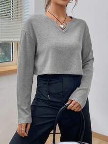 Muchica Notched Neck Drop Shoulder Crop Tee - Dark Grey - View 4