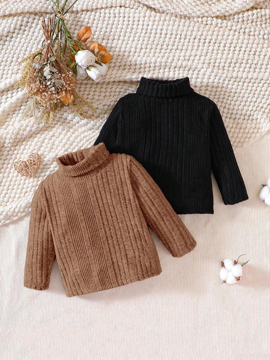 SHEIN 2pcs Baby Boy/Girl Solid Color Soft Comfortable Knit Casual Long Sleeve Top Set - Brown - View 1