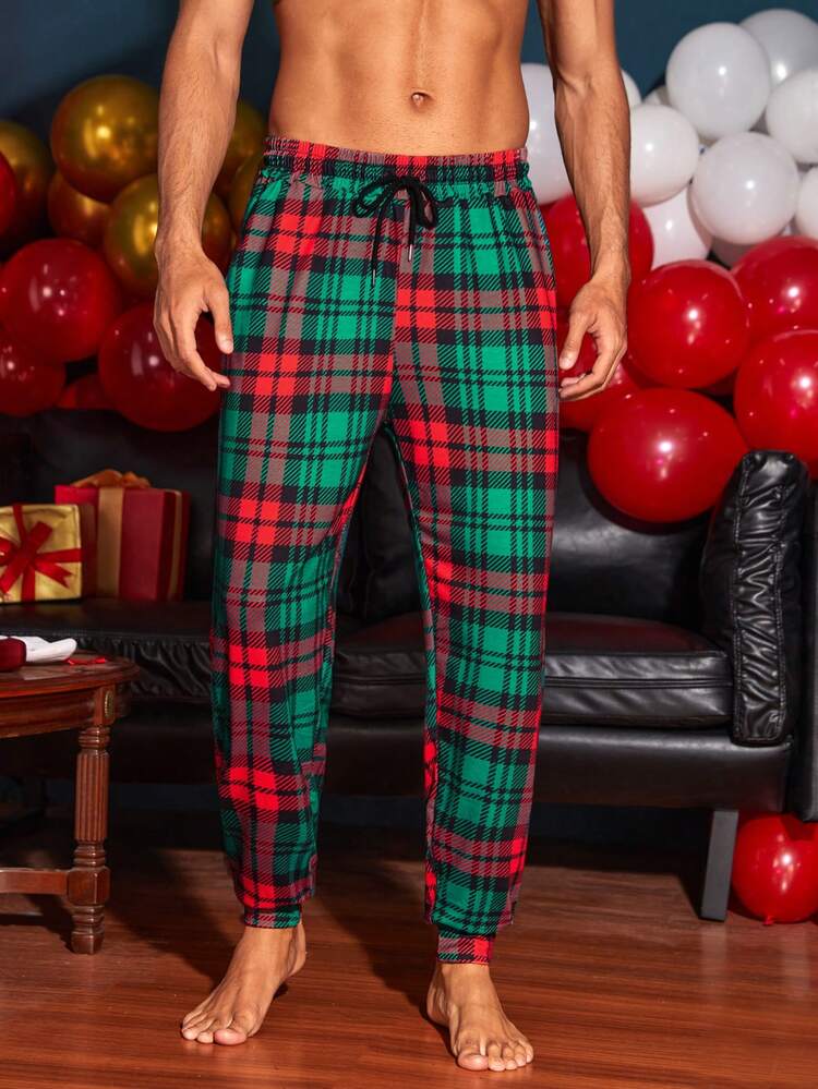 Men Plaid Print Drawstring Waist Sleep Pants