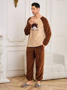 男士熊图案字母刺绣插肩袖上衣和裤子泰迪熊绒毛家居服睡衣套装，秋冬舒适保暖服