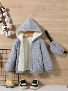 SHEIN 男嬰拉鏈開襟加絨內裏連帽外套附包 - 灰色 - 查看 3