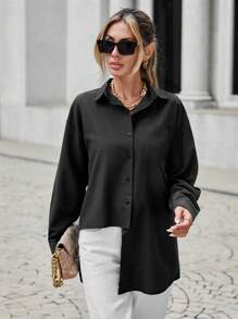 Solid Button Front Pocket Patched Shirt