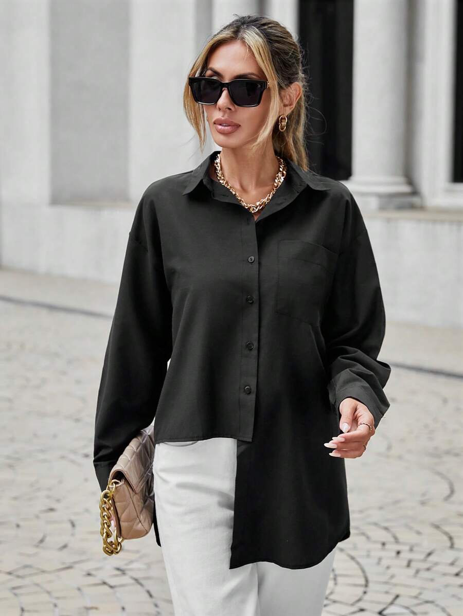 Solid Button Front Pocket Patched Shirt