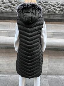 SHEIN Cottnline Túi xéo Trang trí Fuzzy áo có mũ Áo gi lê Lông vũ - màu đen - Xem 2