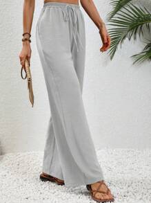 SHEIN LUNE Tie Waist Wide Leg Pants Fall Cloth For Women - Light Grey - View 5