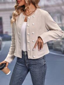 SHEIN LUNE 雙排釦口袋貼布夾克 - 杏色 - 查看 6