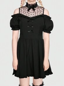 ROMWE Kawaii Spliced Mesh Puff Sleeve Cold-shoulder Neckline Bow Patch Dress - Black - View 2
