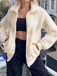 EURMUSE Women's Fashionable Rhinestone Tassel Decorated Jacket, Autumn/Winter - Beige - View 2