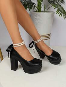 新品到貨女士高跟鞋,雙層防水平台,厚實珍珠細節帶,歐美風格時尚厚底鞋 - 黑色 - 查看 4