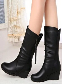 女性黑色粗跟坡跟防水台靴子 - 黑色 - 查看 5