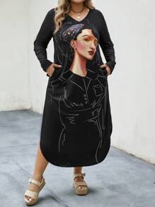 SHEIN LUNE Plus Figure Graphic Hidden Pocket Dress - Black - View 1